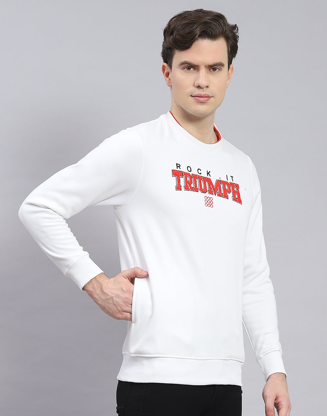 Rock.it Men White Solid Round Neck Full Sleeve Sweatshirt