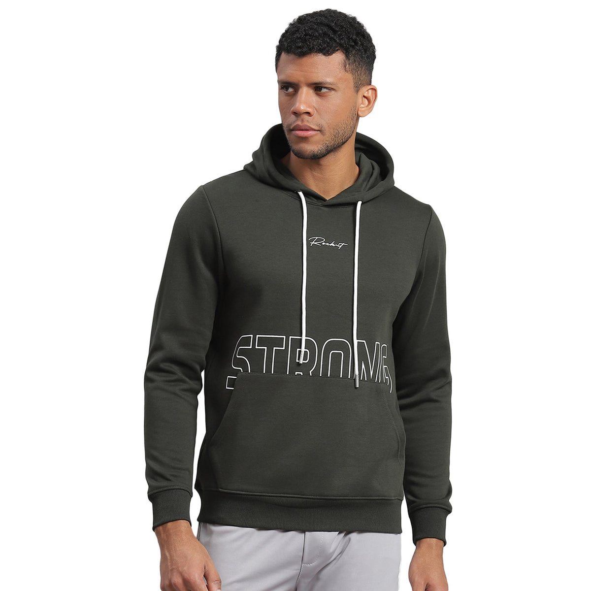 Rock.it Men Olive Printed Hooded Full Sleeve Sweatshirt