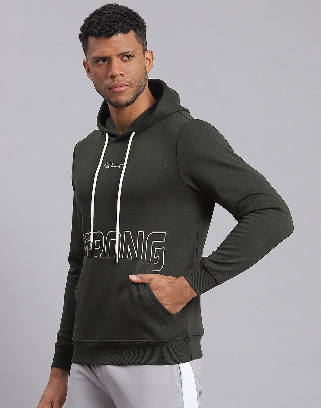 Rock.it Men Olive Printed Hooded Full Sleeve Sweatshirt