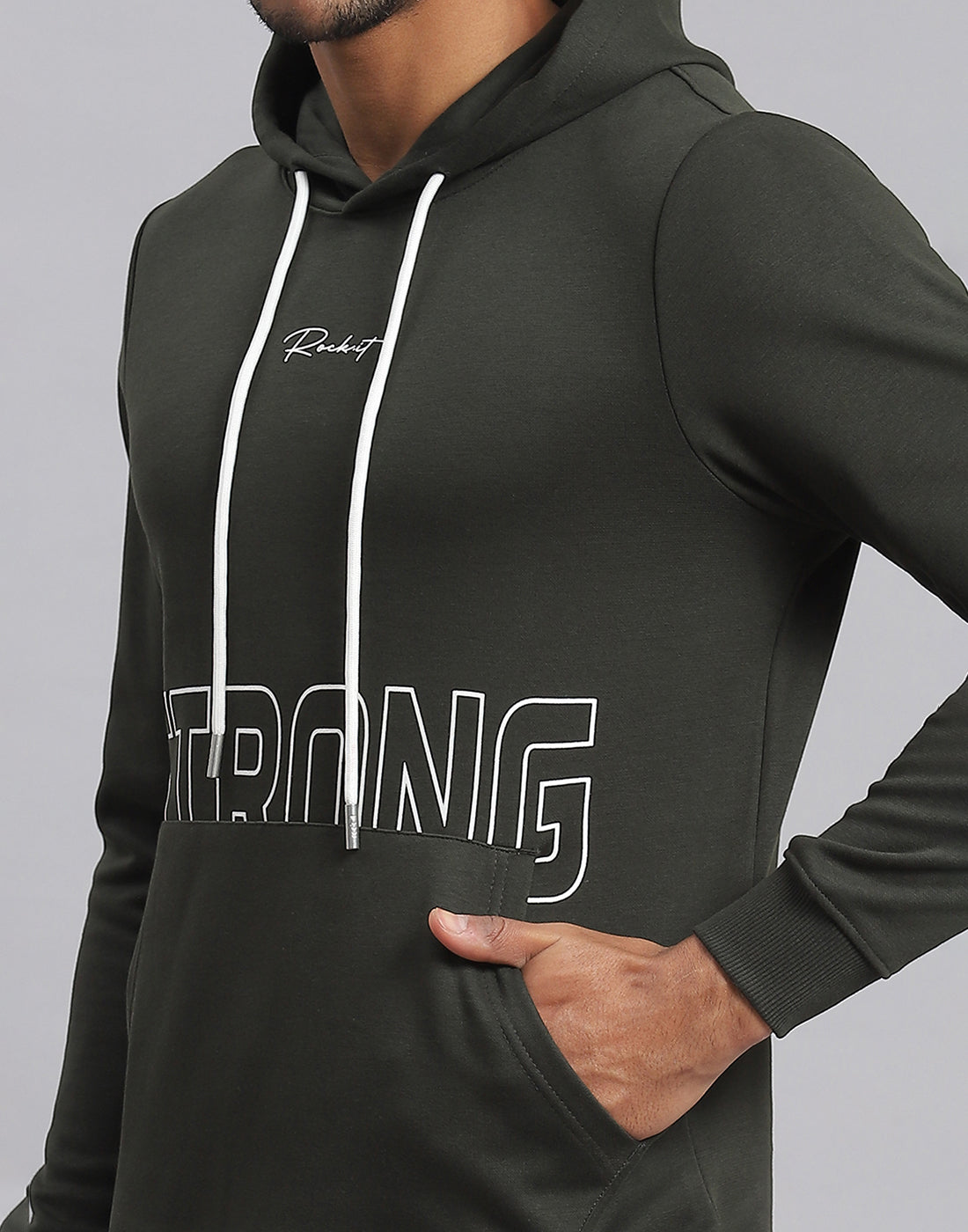 Rock.it Men Olive Printed Hooded Full Sleeve Sweatshirt