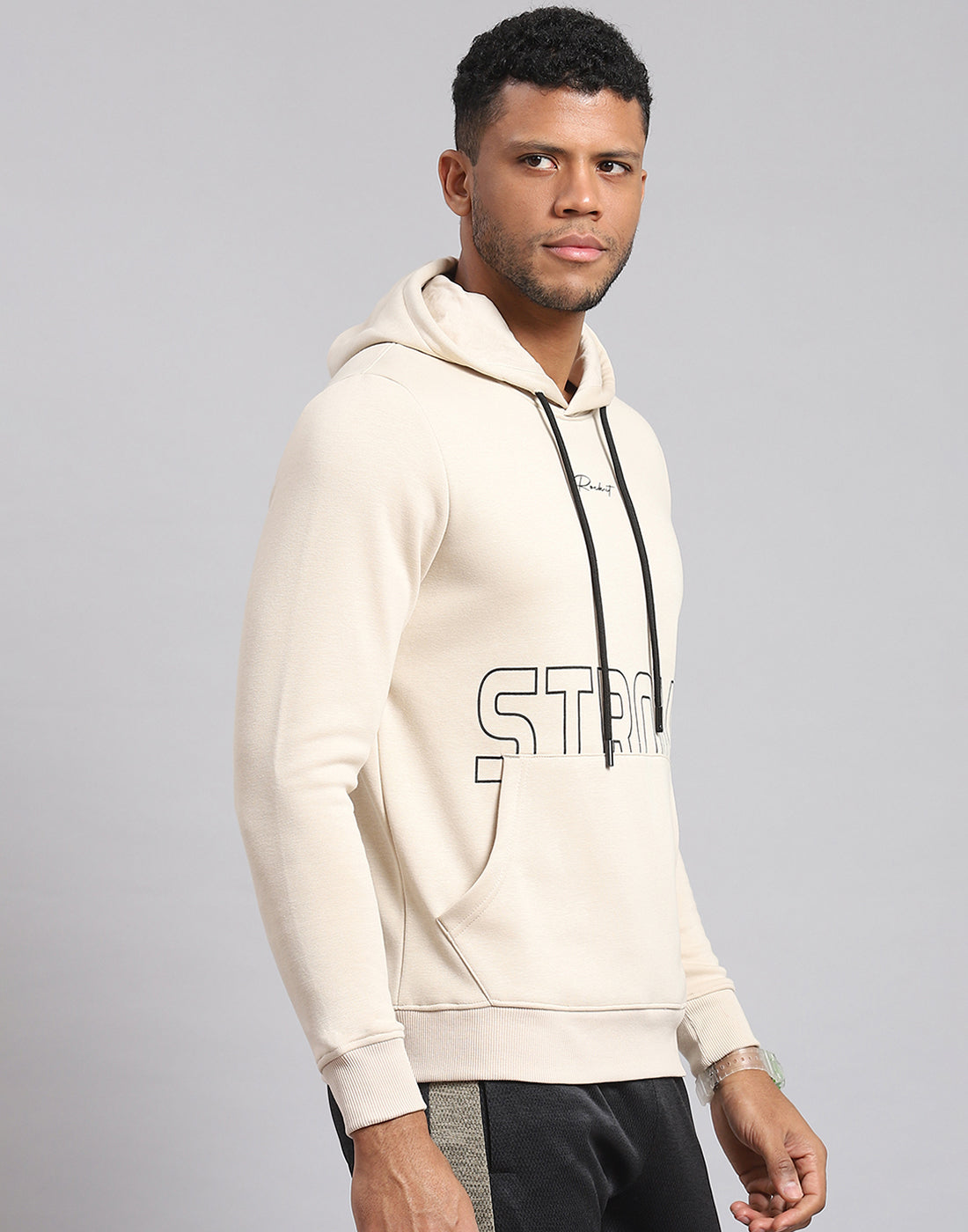 Rock.it Men Cream Printed Hooded Full Sleeve Sweatshirt