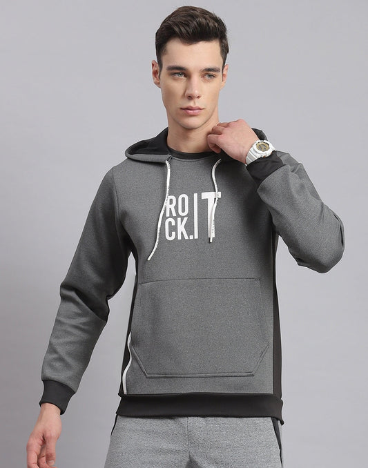 Rock.it Men Grey Solid Hooded Full Sleeve Sweatshirt