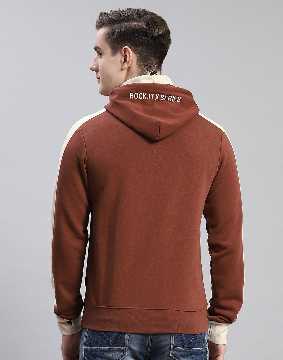 Rock.it Men Brown Solid Hooded Full Sleeve Sweatshirt