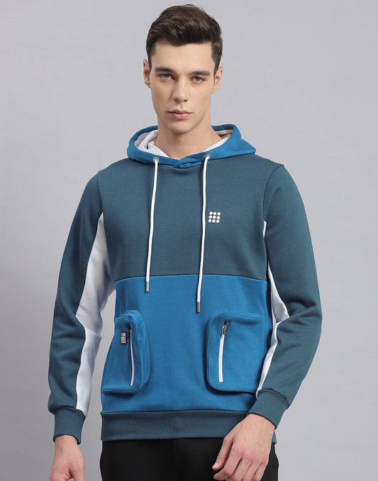 Rock.it Men Turquoise Blue Solid Hooded Full Sleeve Sweatshirt