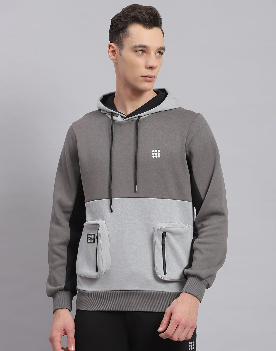 Rock.it Men Grey Solid Hooded Full Sleeve Sweatshirt