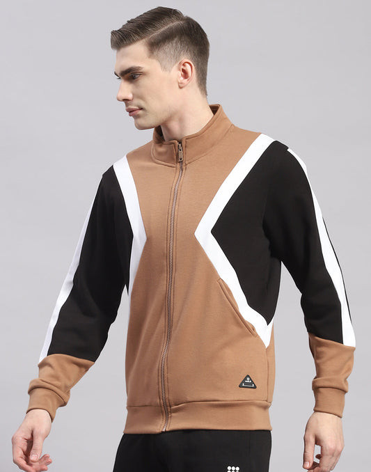 Rock.it Men Camel Brown Solid T Neck Full Sleeve Sweatshirt