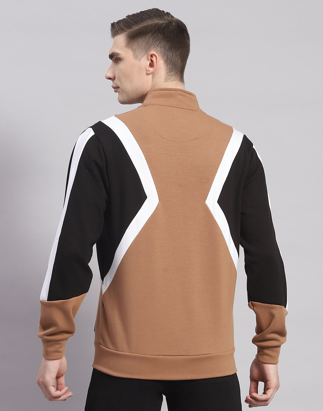 Rock.it Men Camel Brown Solid T Neck Full Sleeve Sweatshirt