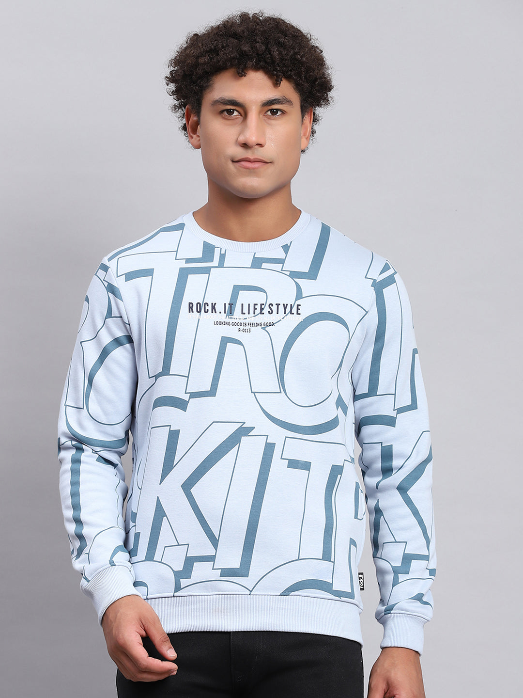 Rock.it Men Blue Printed Round Neck Full Sleeve Sweatshirt