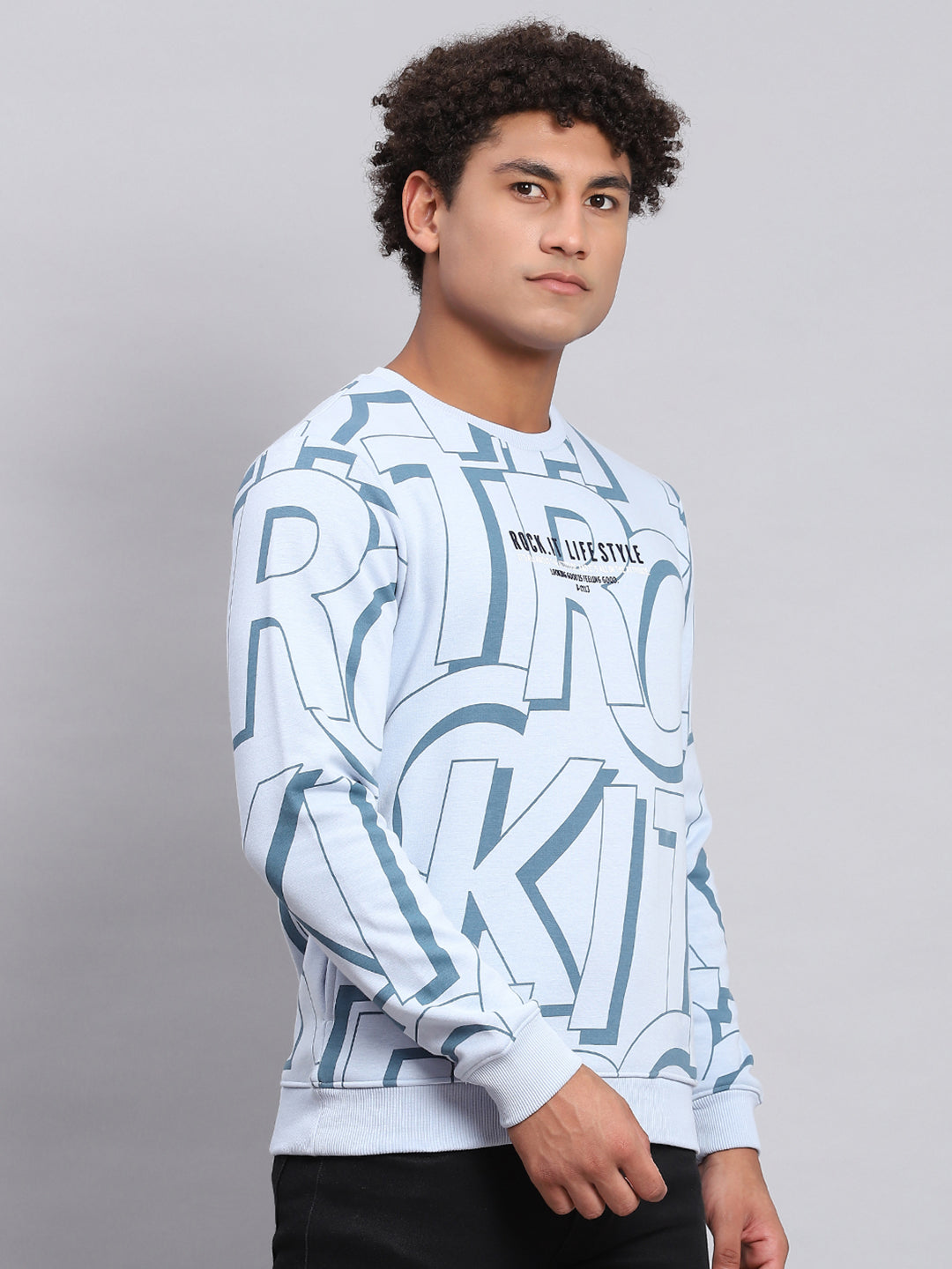 Rock.it Men Blue Printed Round Neck Full Sleeve Sweatshirt