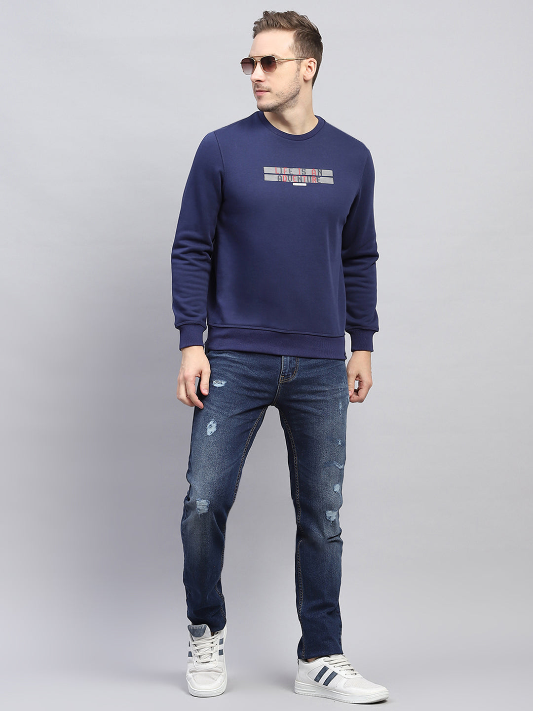 Men Blue Printed Round Neck Full Sleeve Sweatshirt