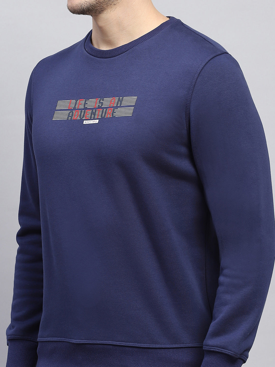 Men Blue Printed Round Neck Full Sleeve Sweatshirt