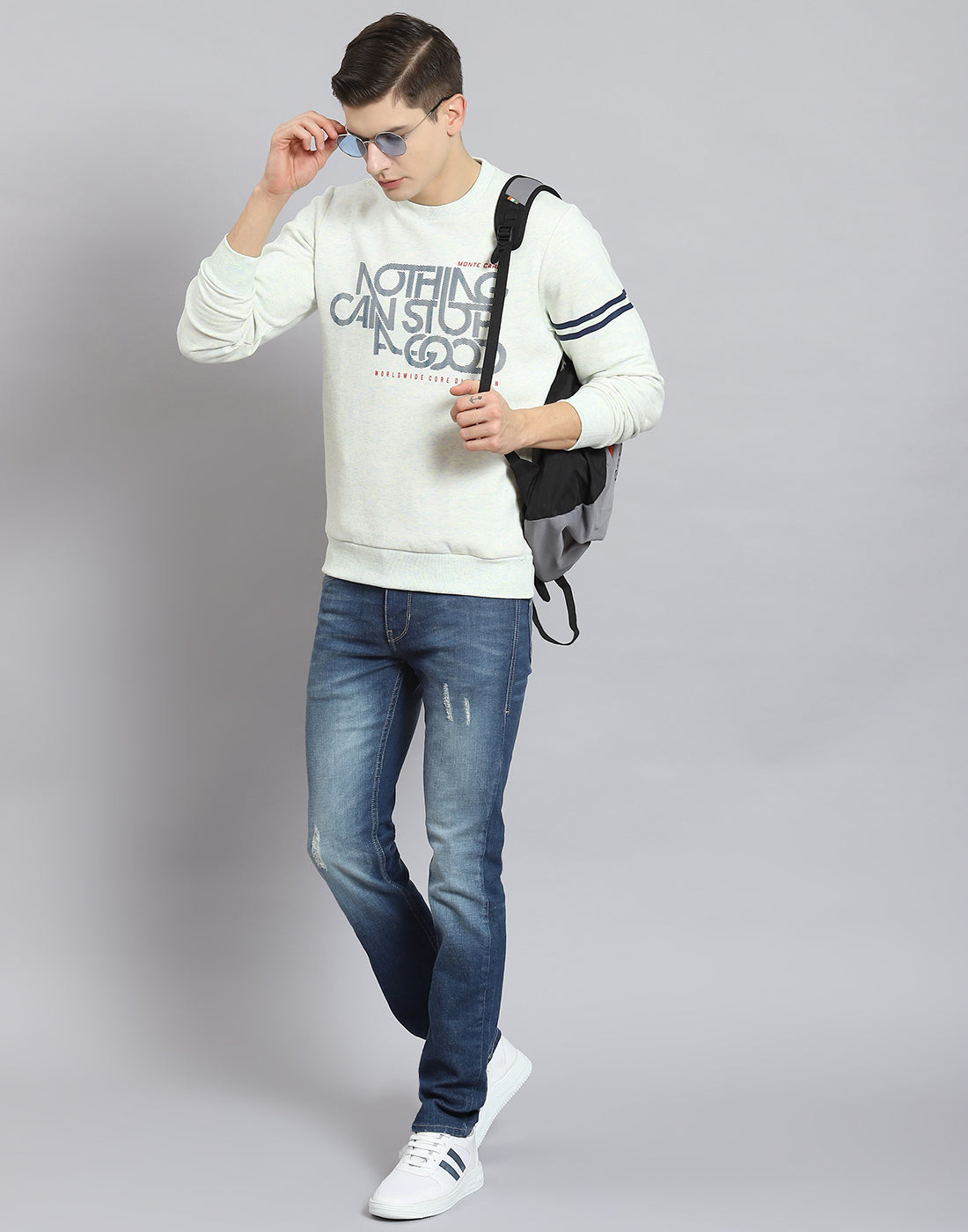 Men Off White Printed Round Neck Full Sleeve Sweatshirt