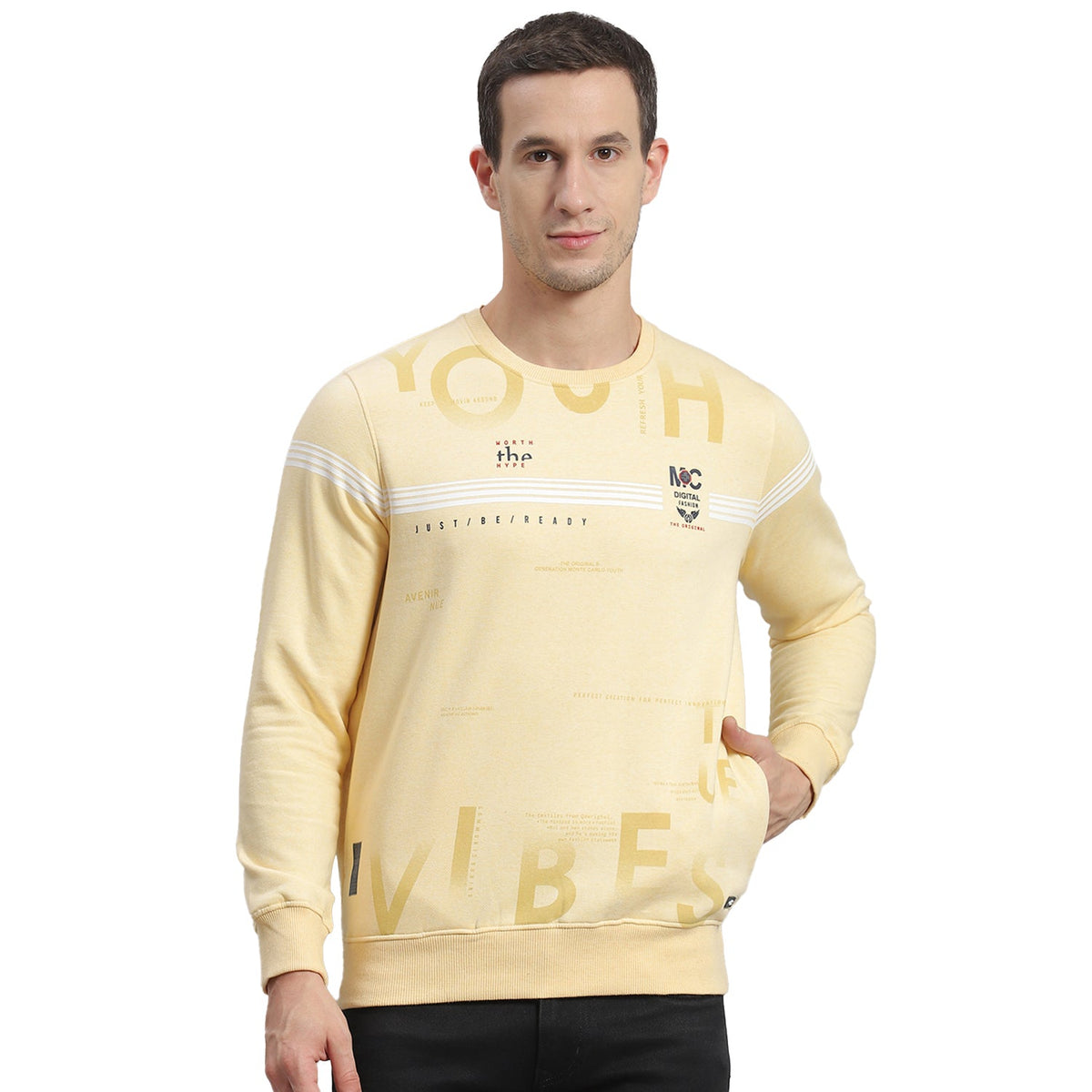 Men Beige Printed Round Neck Full Sleeve Sweatshirt