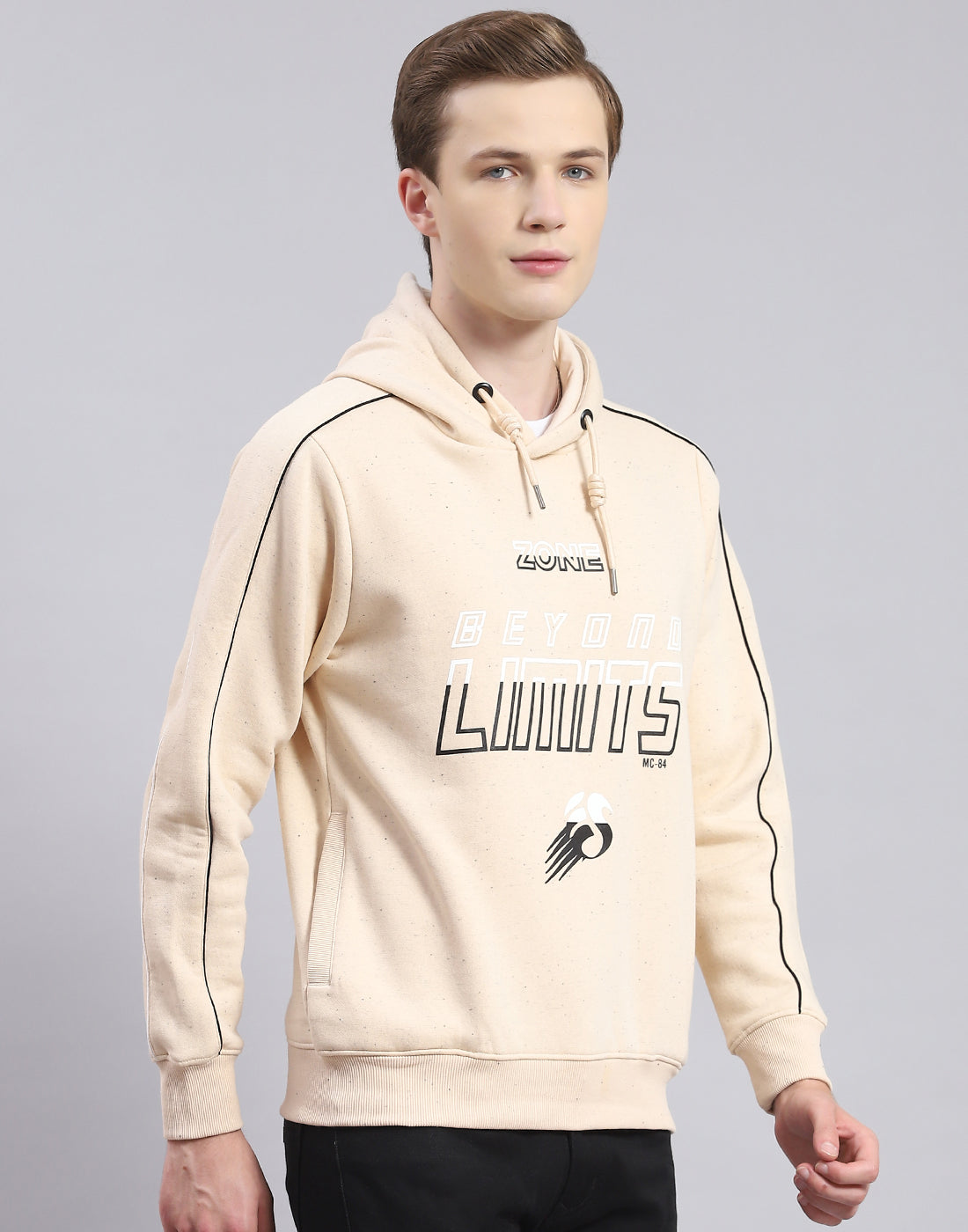 Men Beige Printed Hooded Full Sleeve Sweatshirt
