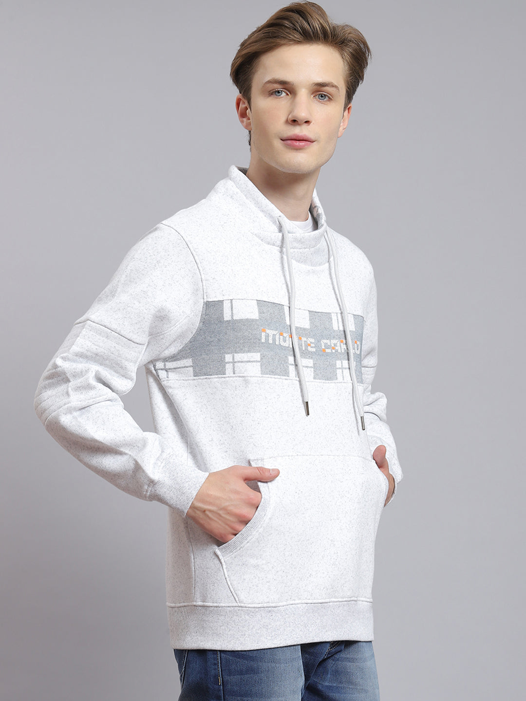 Men Grey Printed Mock Collar Full Sleeve Sweatshirt