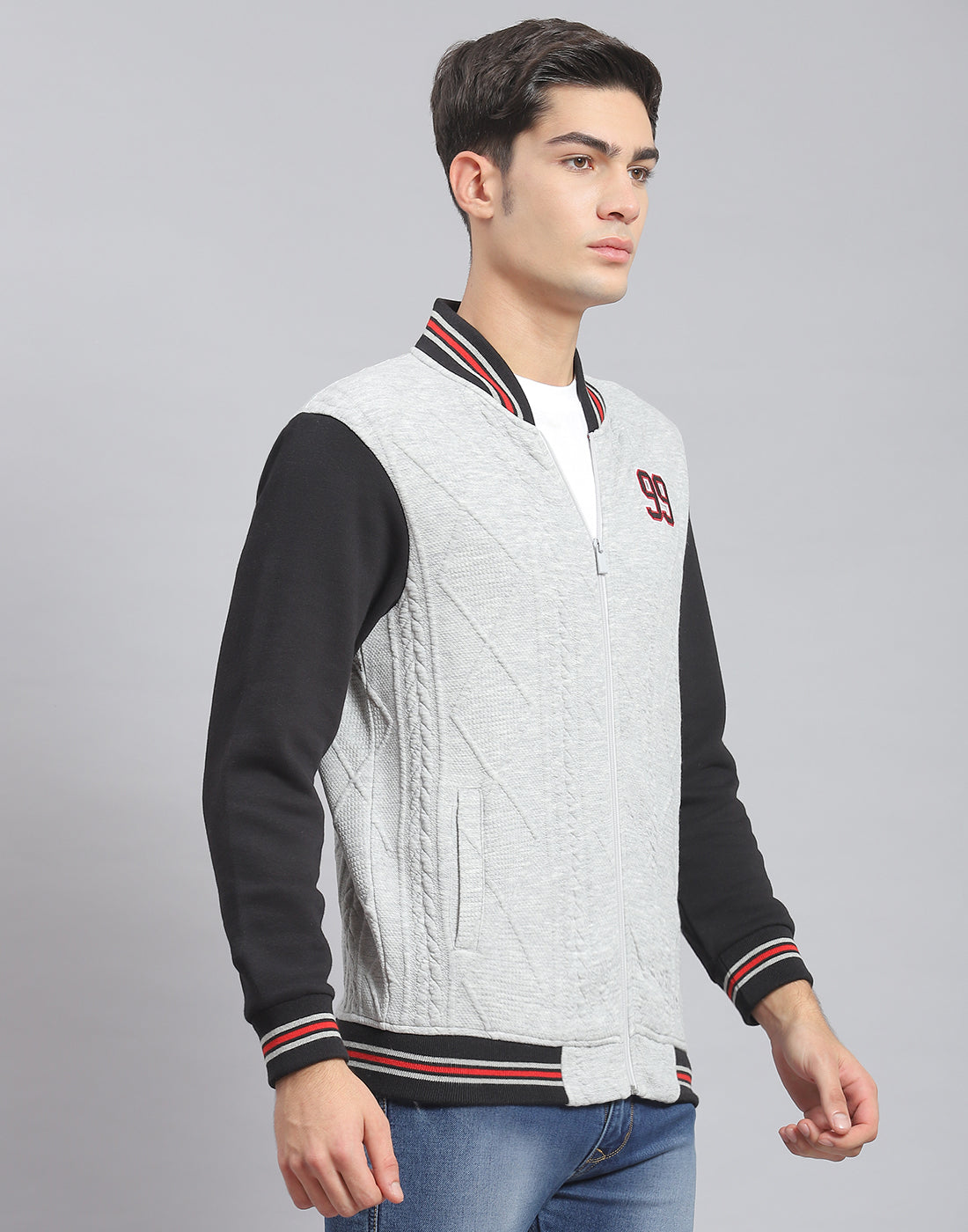 Men Grey Solid Mandarin Collar Full Sleeve Sweatshirt