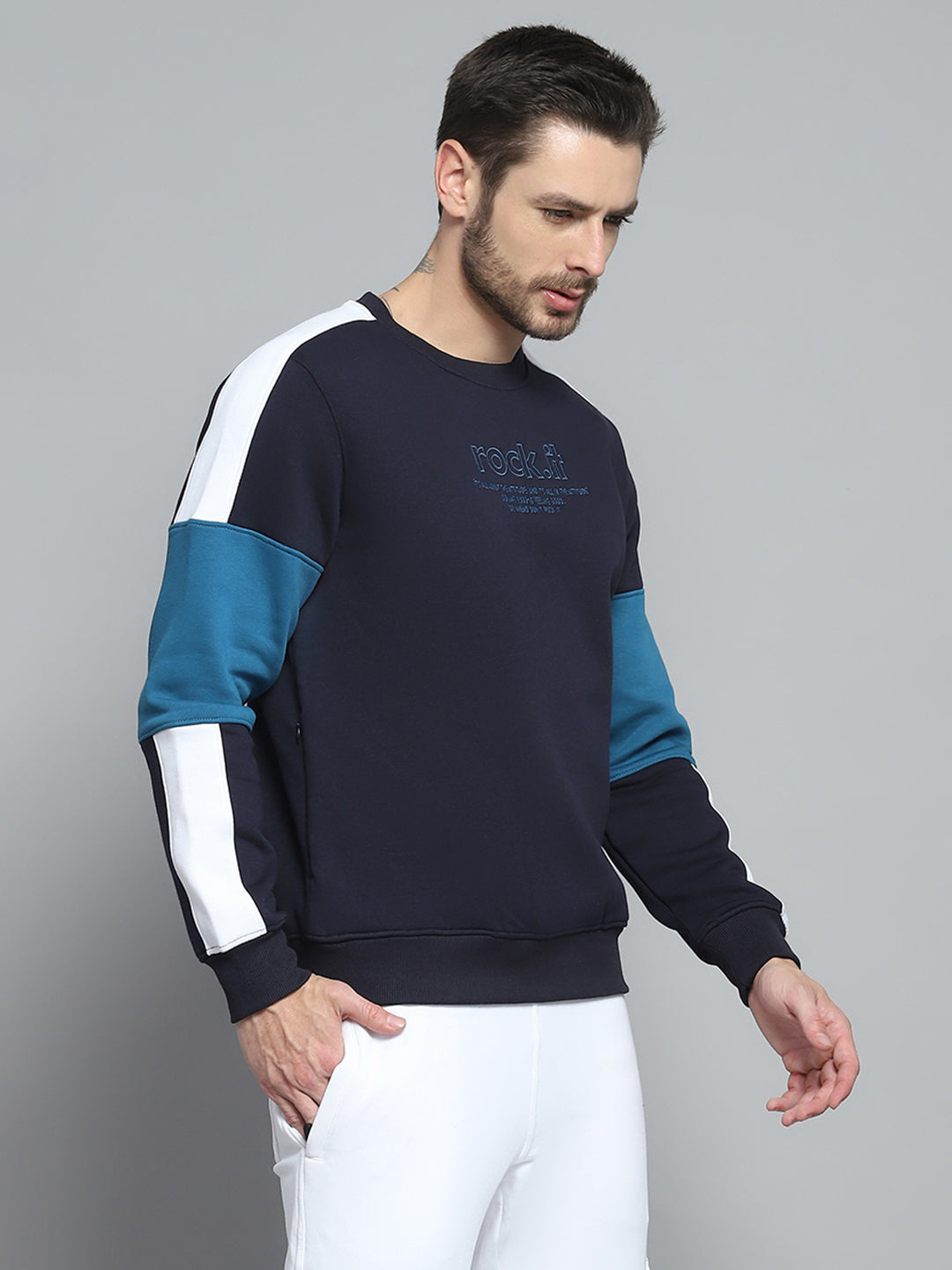 Rock.it Men Navy Blue Printed Round Neck Full Sleeve Sweatshirt