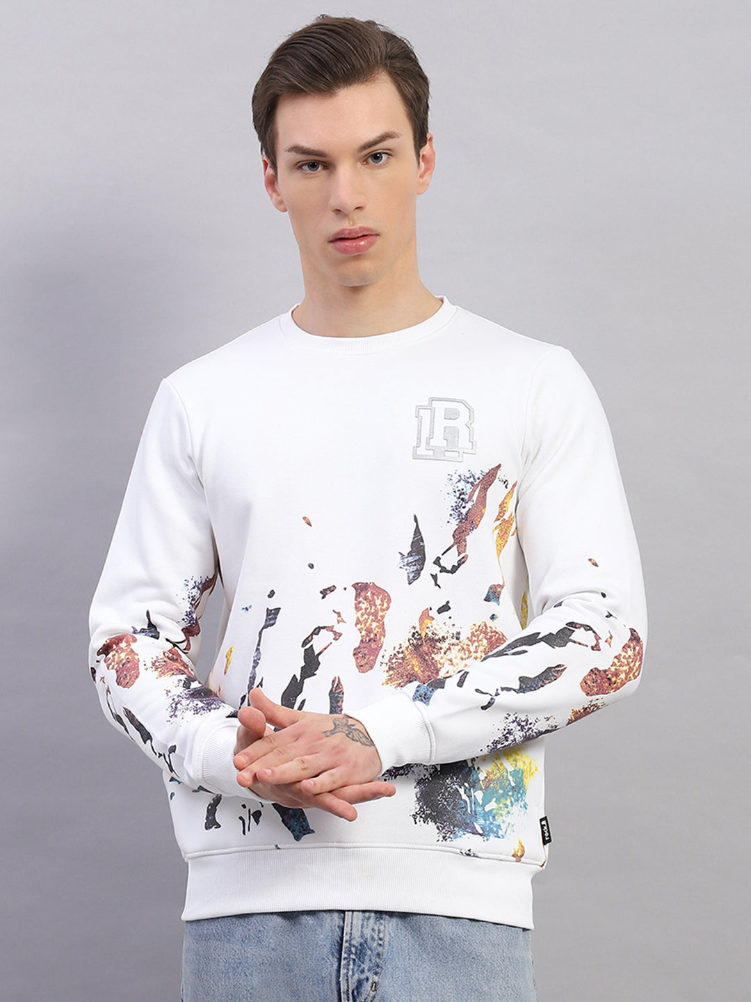 Rock.it Men White Printed Round Neck Full Sleeve Sweatshirt