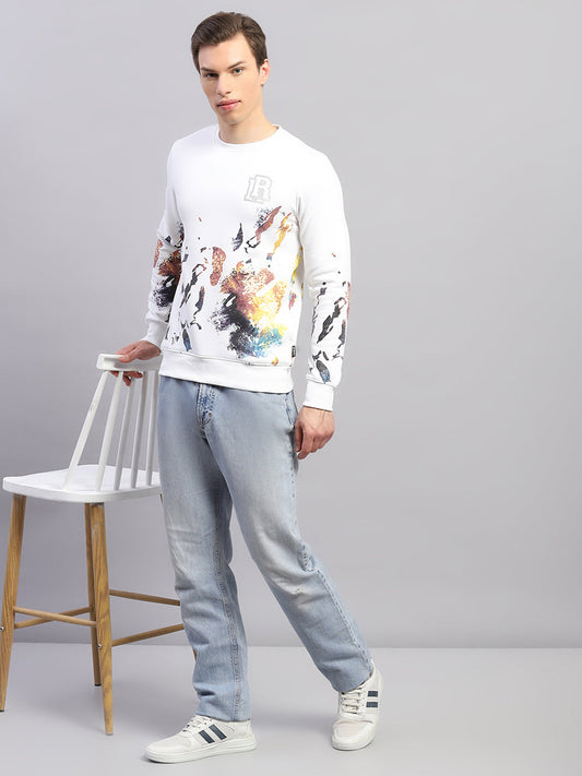 Rock.it Men White Printed Round Neck Full Sleeve Sweatshirt