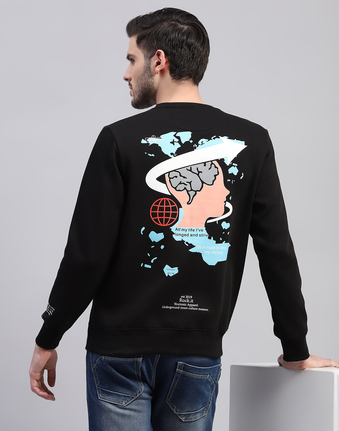 Rock.it Men Black Printed Round Neck Full Sleeve Sweatshirt