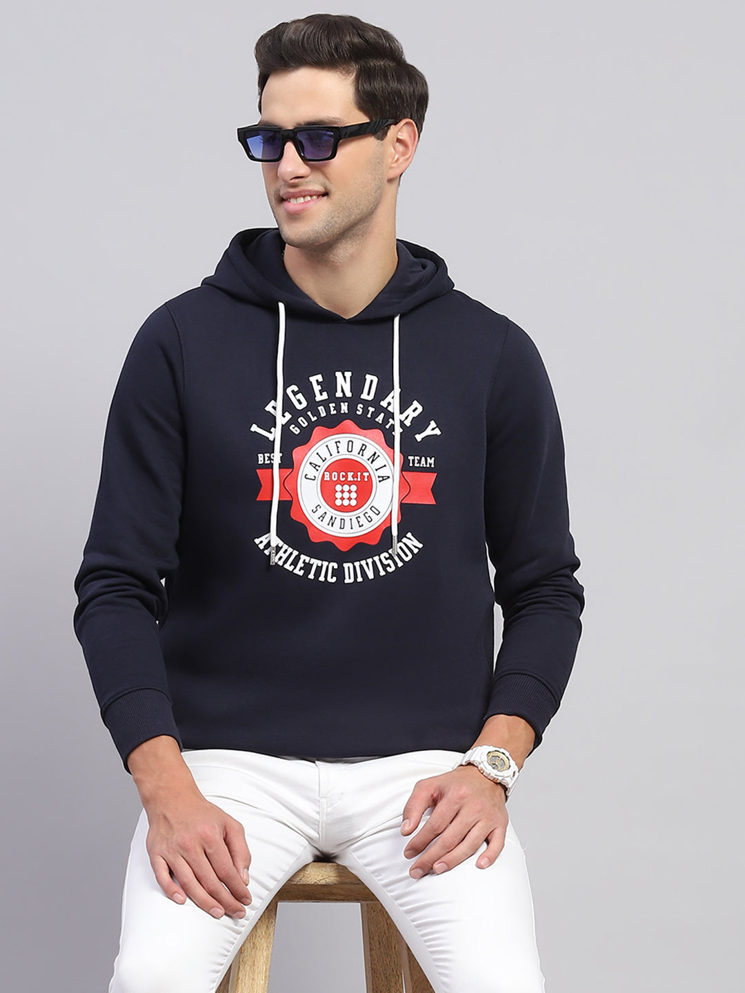 Rock.it Men Navy Blue Printed Hooded Full Sleeve Sweatshirt