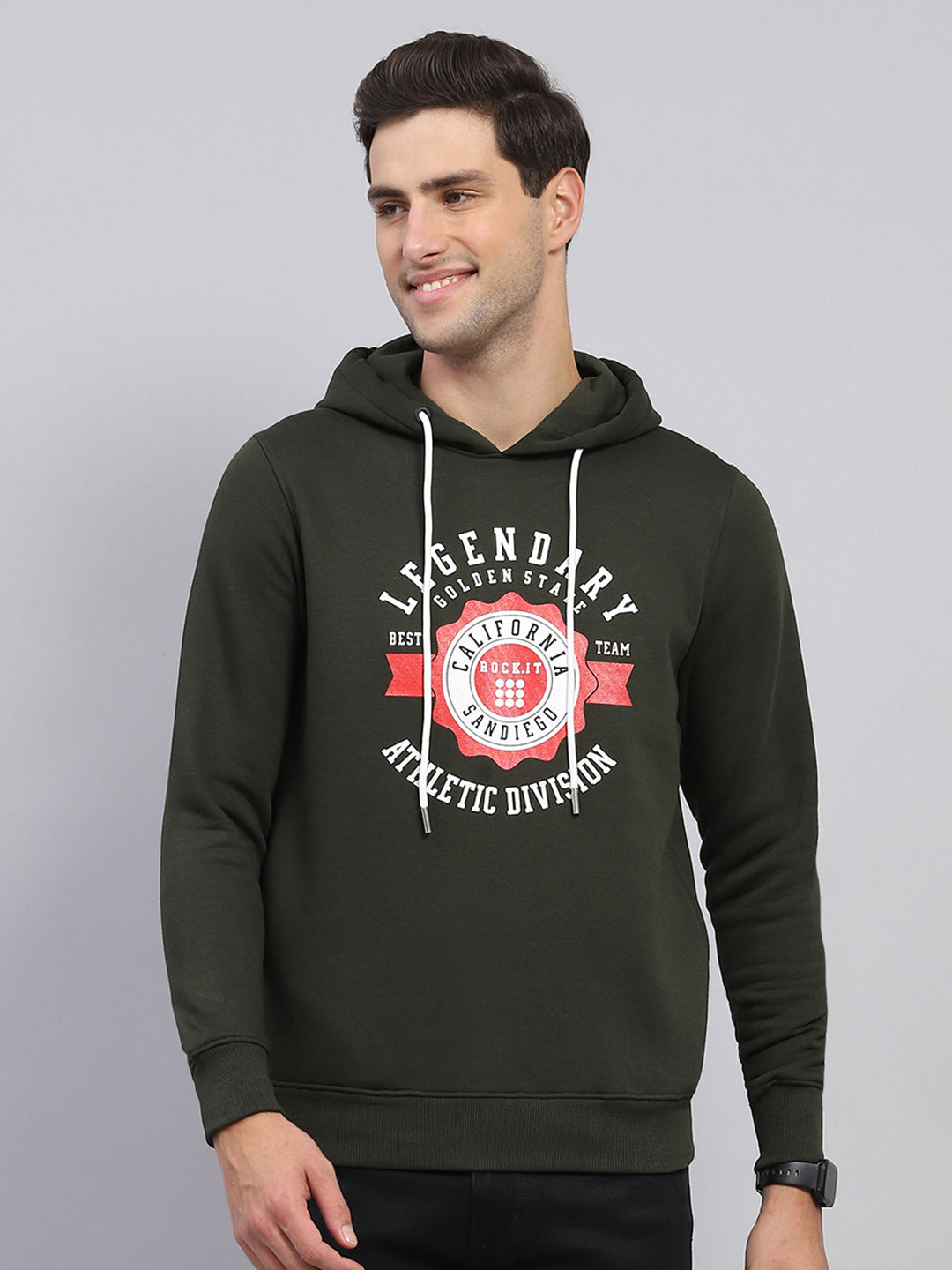 Rock.it Men Olive Printed Hooded Full Sleeve Sweatshirt