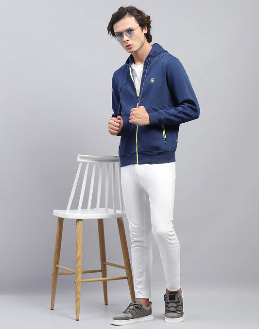Rock.it Men Navy Blue Solid Hooded Full Sleeve Sweatshirt