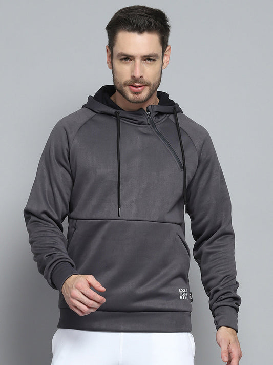 Rock.it Men Grey Solid Hooded Full Sleeve Sweatshirt