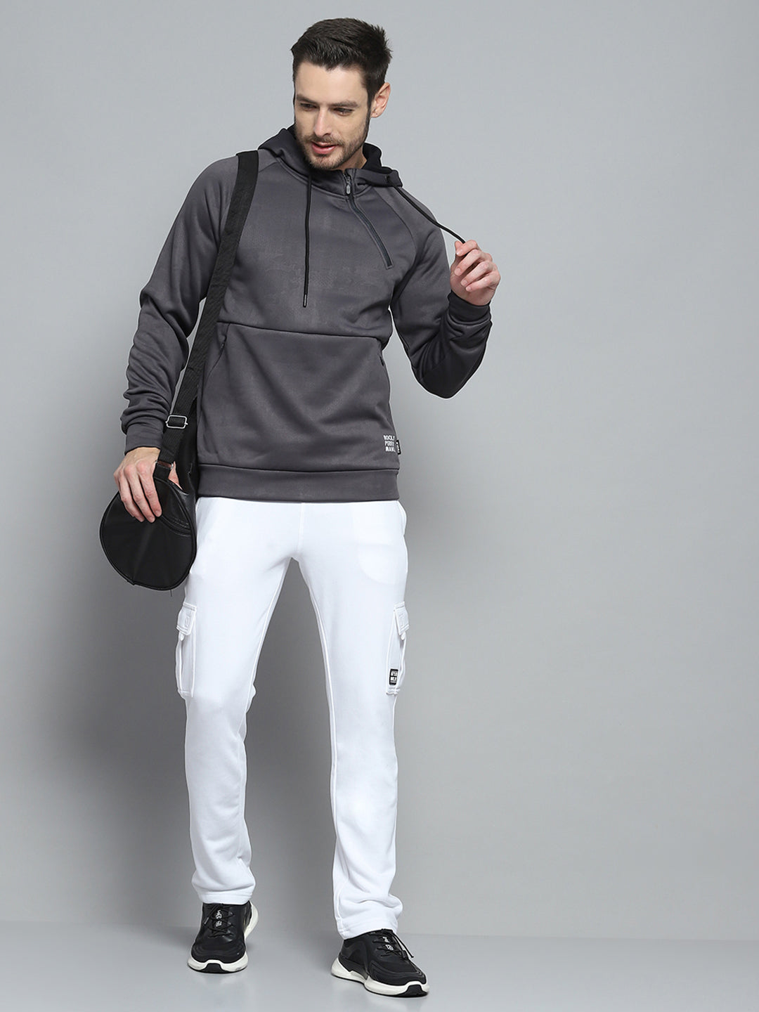 Rock.it Men Grey Solid Hooded Full Sleeve Sweatshirt