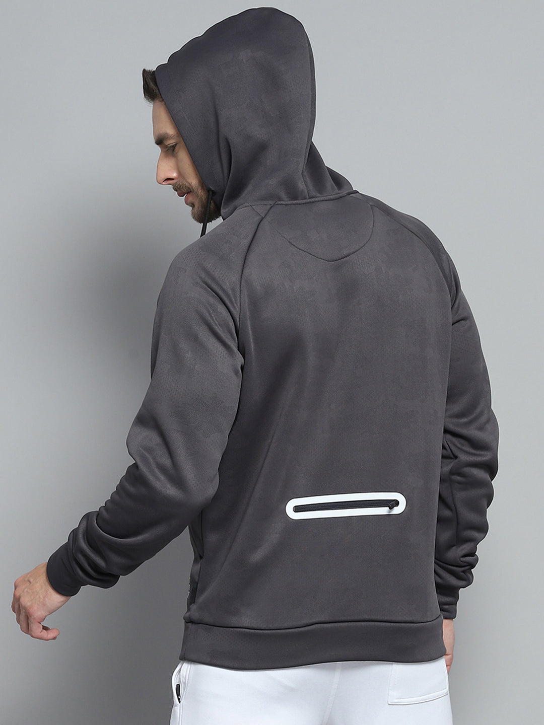 Rock.it Men Grey Solid Hooded Full Sleeve Sweatshirt