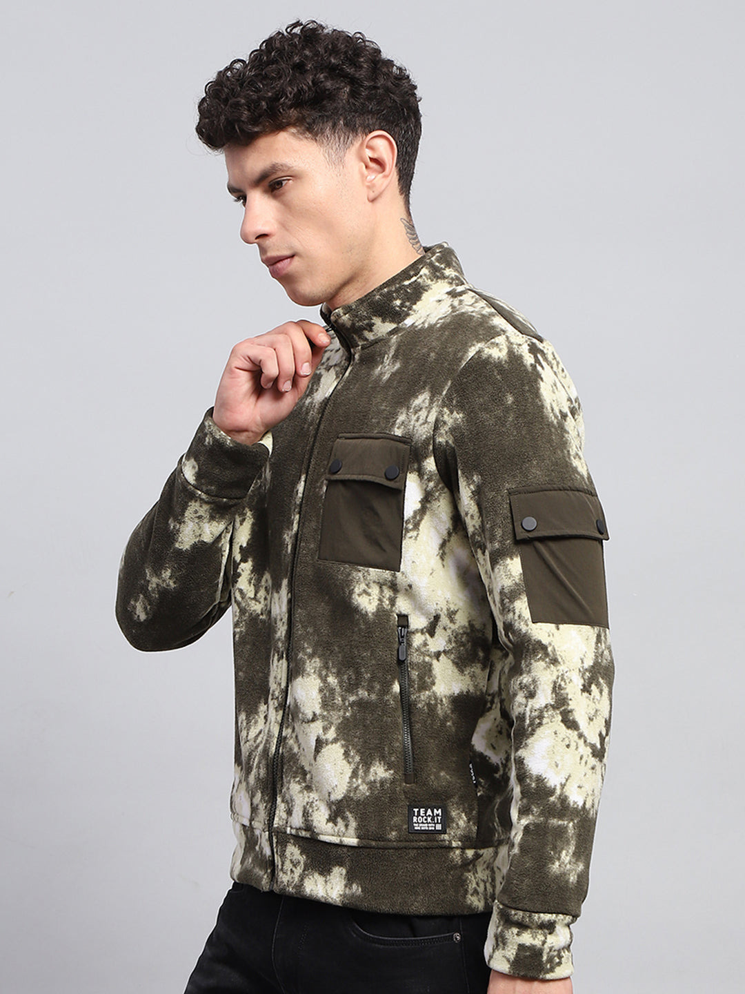 Rock.it Men Olive Printed Mock Neck Full Sleeve Sweatshirt