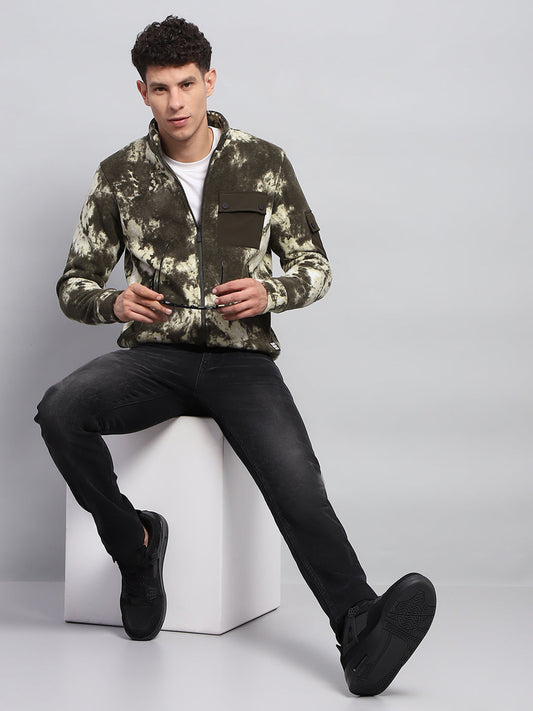 Rock.it Men Olive Printed Mock Neck Full Sleeve Sweatshirt