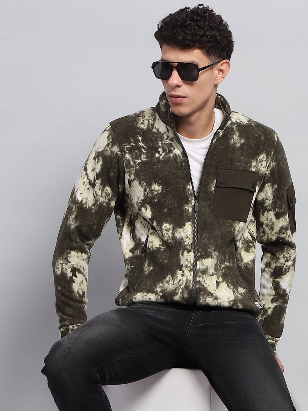 Rock.it Men Olive Printed Mock Neck Full Sleeve Sweatshirt