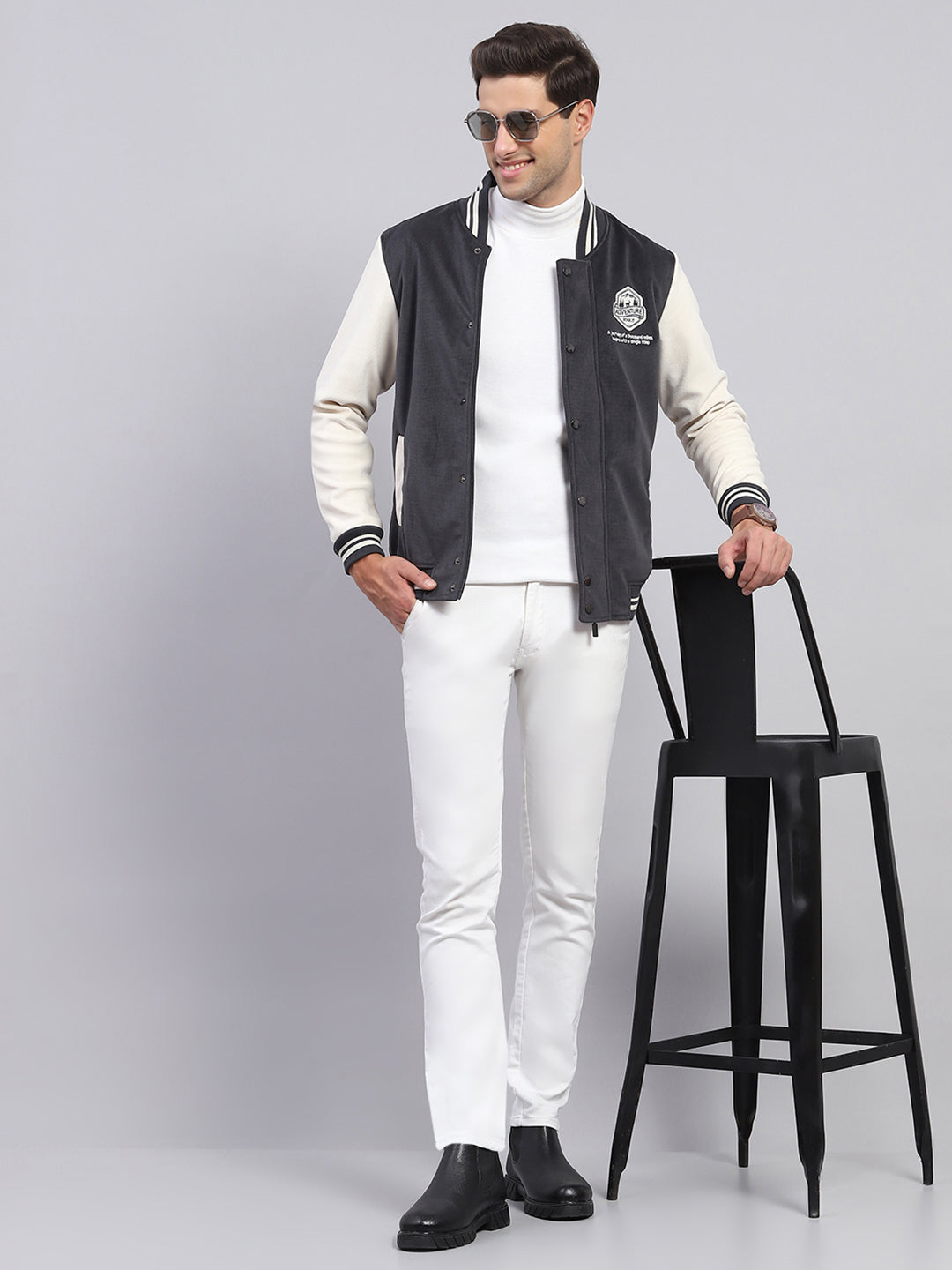 Rock.it Men Charcoal Self Design Band Collar Full Sleeve Sweatshirt