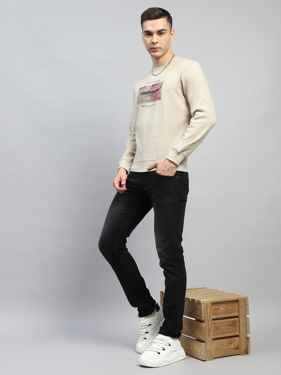 Men Beige Printed Round Neck Full Sleeve Sweatshirt