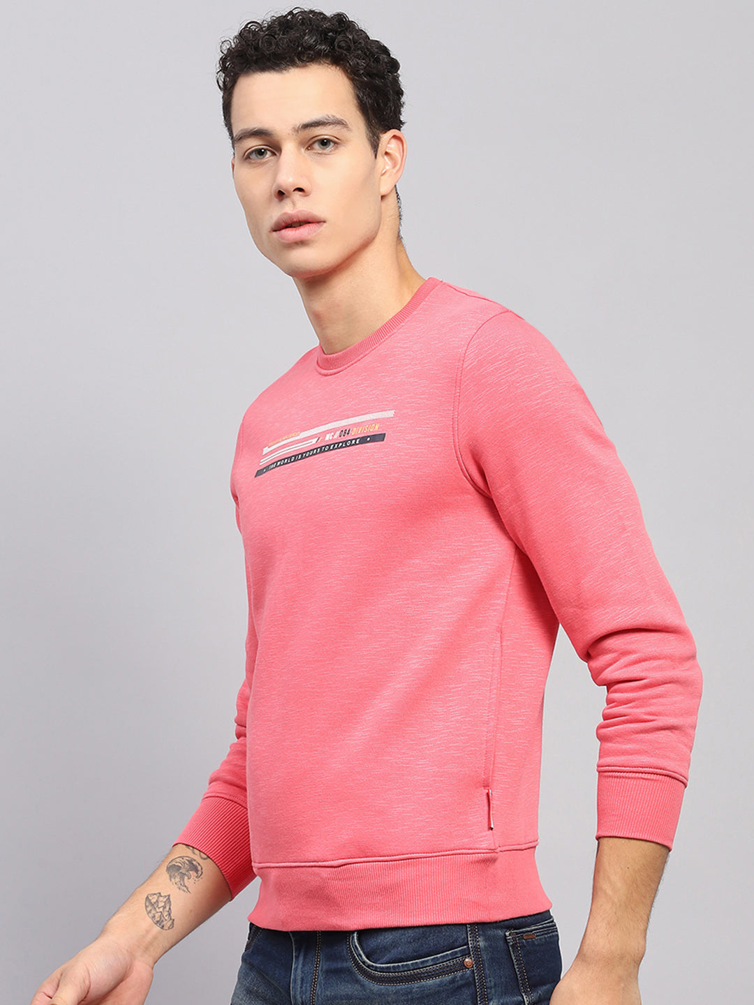 Men Pink Printed Round Neck Full Sleeve Sweatshirt