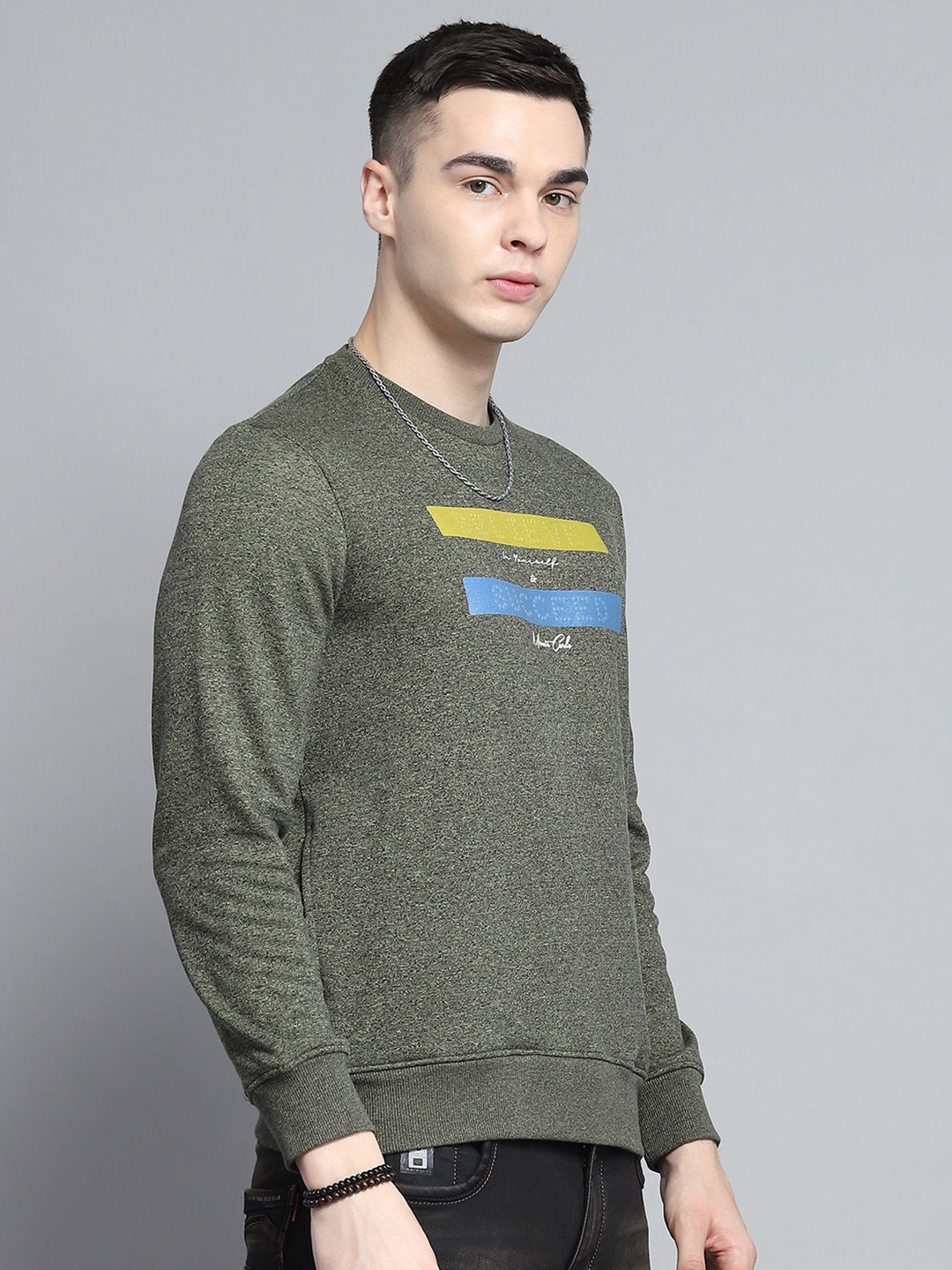 Men Green Printed Round Neck Full Sleeve Sweatshirt