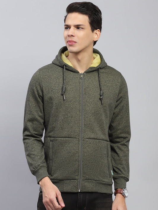 Men Green Solid Hooded Full Sleeve Sweatshirt