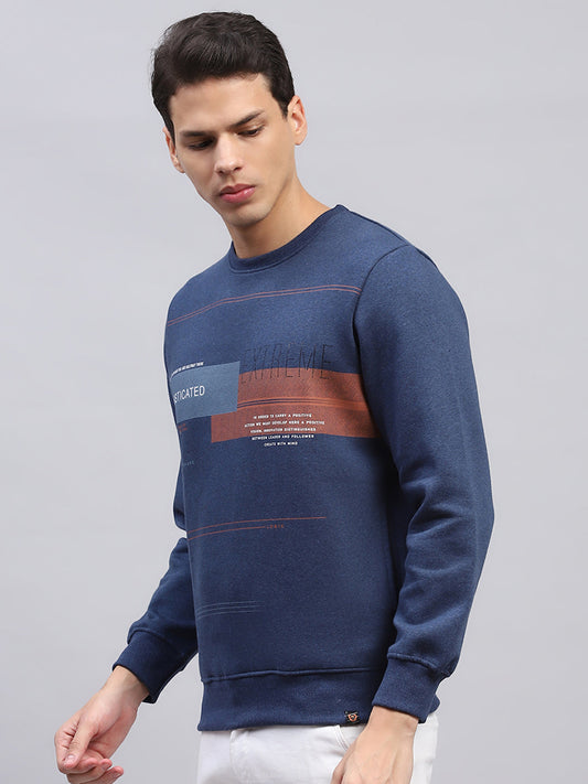 Men Blue Printed Round Neck Full Sleeve Sweatshirt