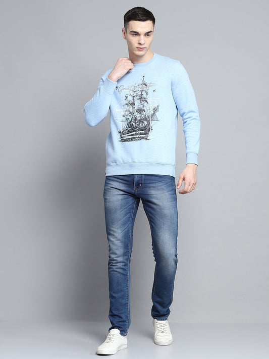 Men Sky Blue Printed Round Neck Full Sleeve Sweatshirt