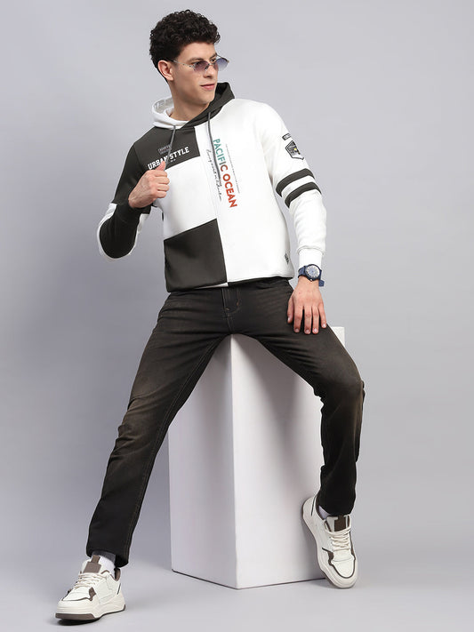 Men White Printed Hooded Full Sleeve Sweatshirt