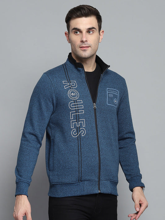 Men Blue Printed Turtle Neck Full Sleeve Sweatshirt