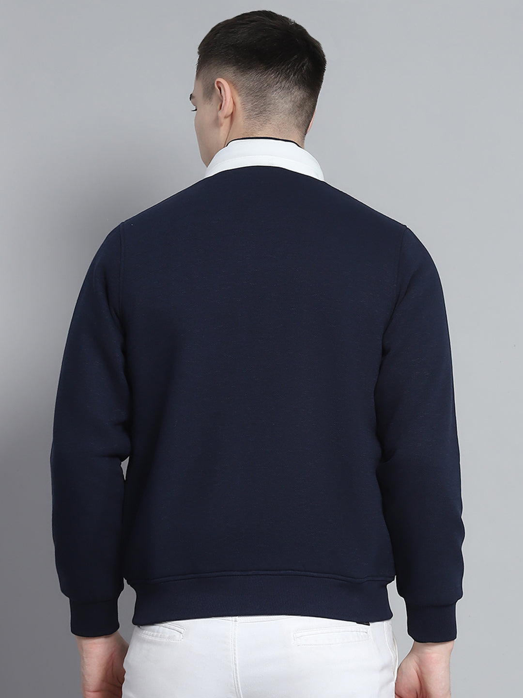 Men Navy Blue & White Solid Detachable Hood Full Sleeve Sweatshirt