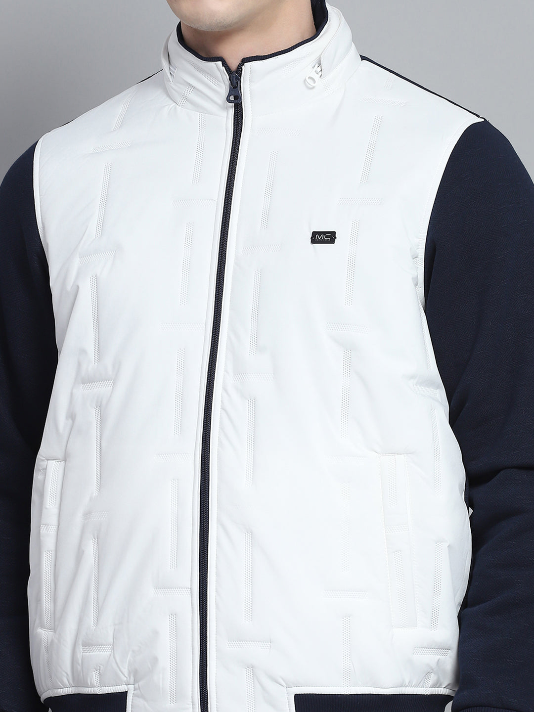 Men Navy Blue & White Solid Detachable Hood Full Sleeve Sweatshirt