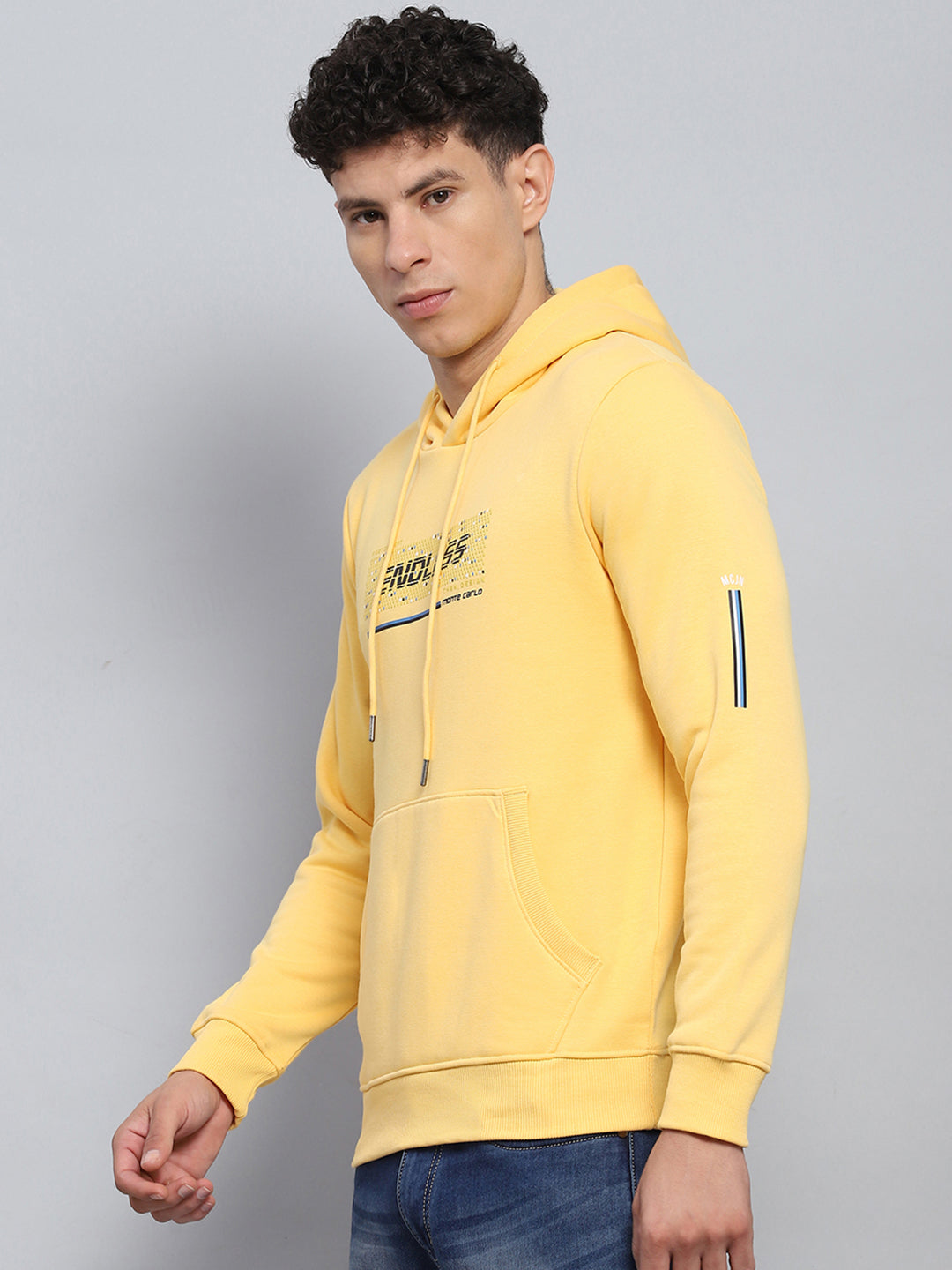 Men Yellow Printed Hooded Full Sleeve Sweatshirt