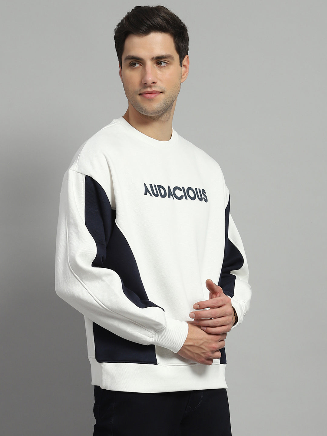 Men White Printed Round Neck Full Sleeve Sweatshirt
