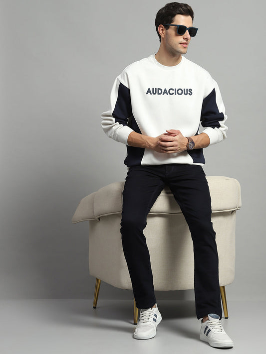 Men White Printed Round Neck Full Sleeve Sweatshirt
