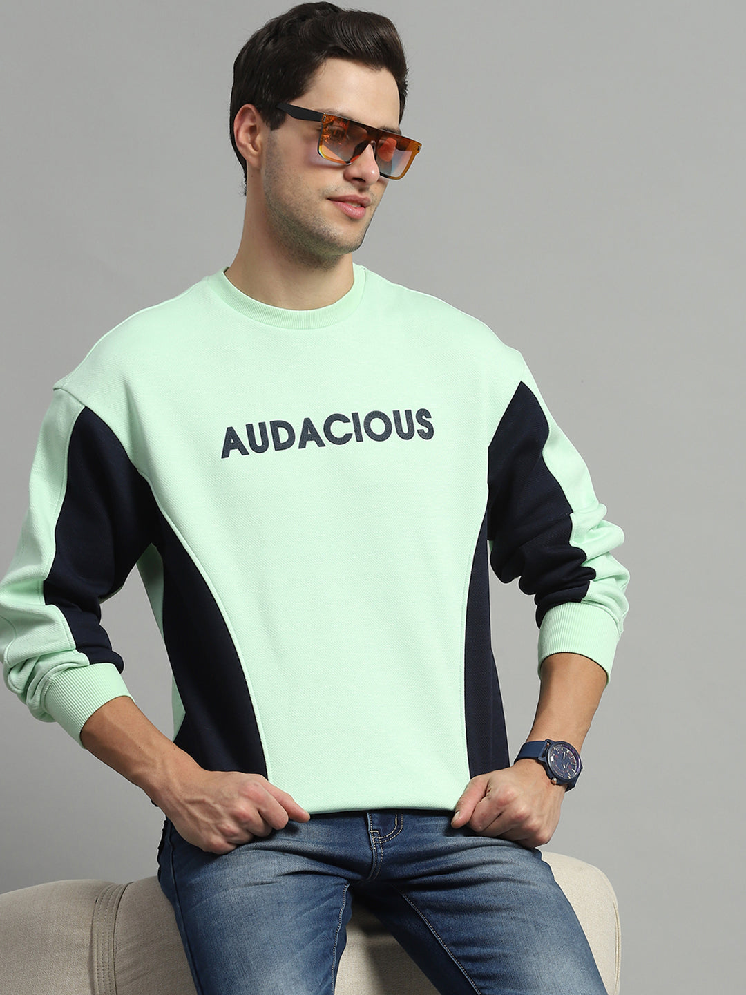 Men Green Printed Round Neck Full Sleeve Sweatshirt