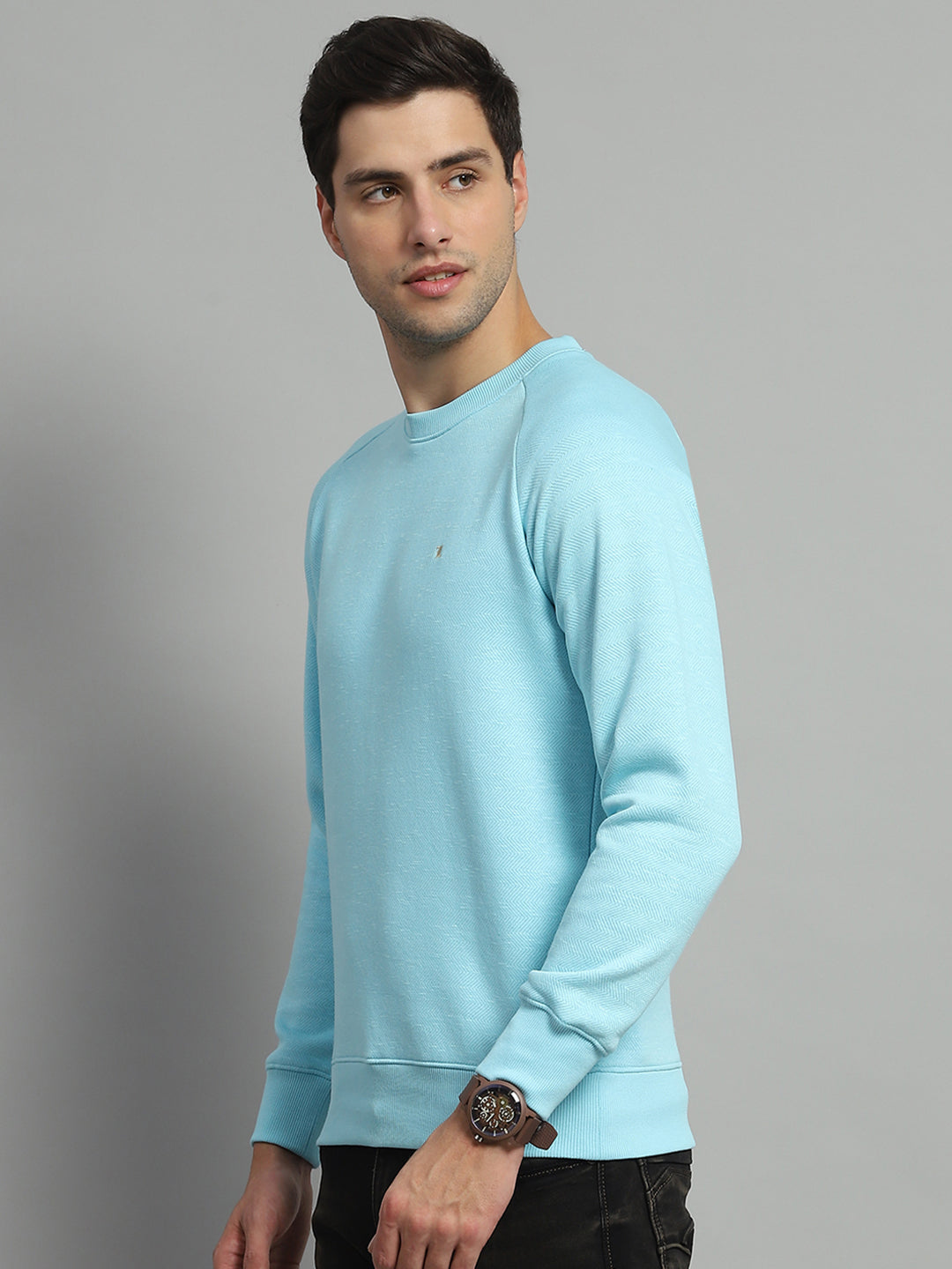 Men Turquoise Blue Solid Round Neck Full Sleeve Sweatshirt