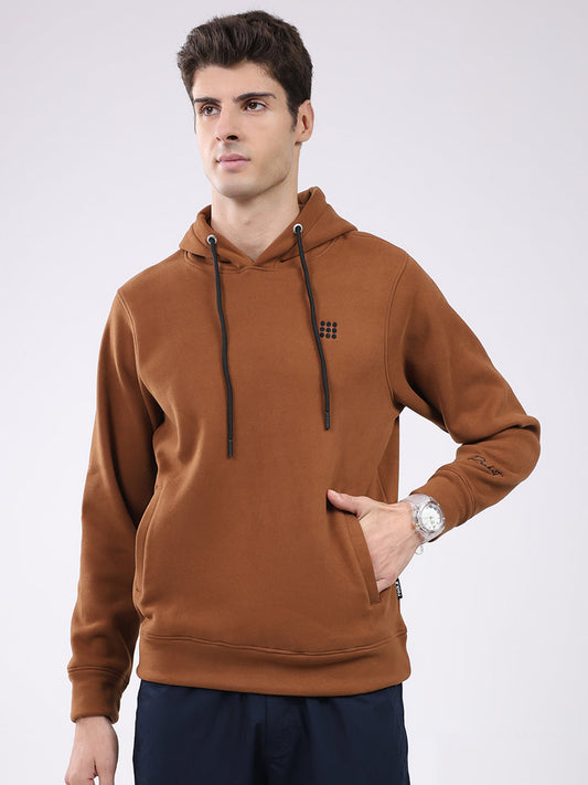 Rock.it Men Tan Solid Hooded Full Sleeve Sweatshirt